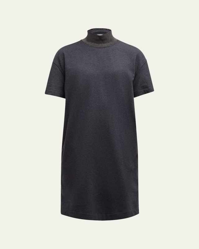 Monili-Collar Shiny Felpa Short-Sleeve T-Shirt Dress